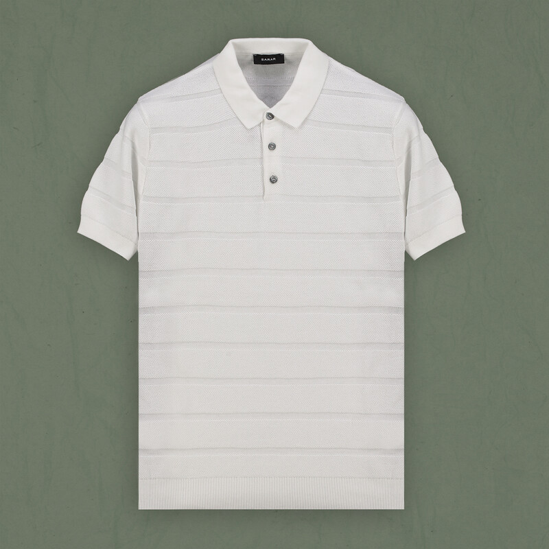 Polo Yaka Kısa Kol Ekru Çizgili Triko 