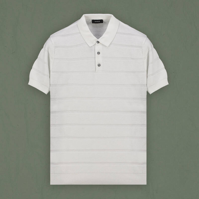 Polo Yaka Kısa Kol Ekru Çizgili Triko - 1