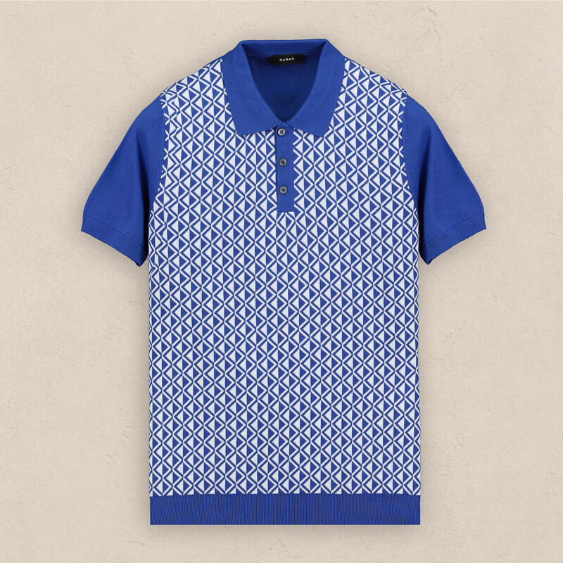 Polo Yaka Kısa Kol Saks Desenli Triko - SARAR