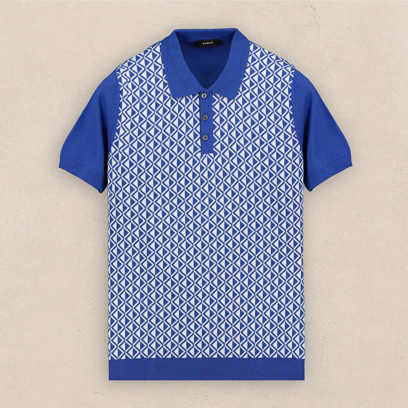 Polo Yaka Kısa Kol Saks Desenli Triko - 1