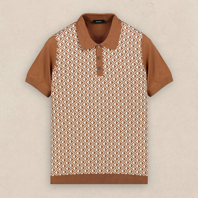 Polo Yaka Kısa Kol Taba Desenli Triko - 1