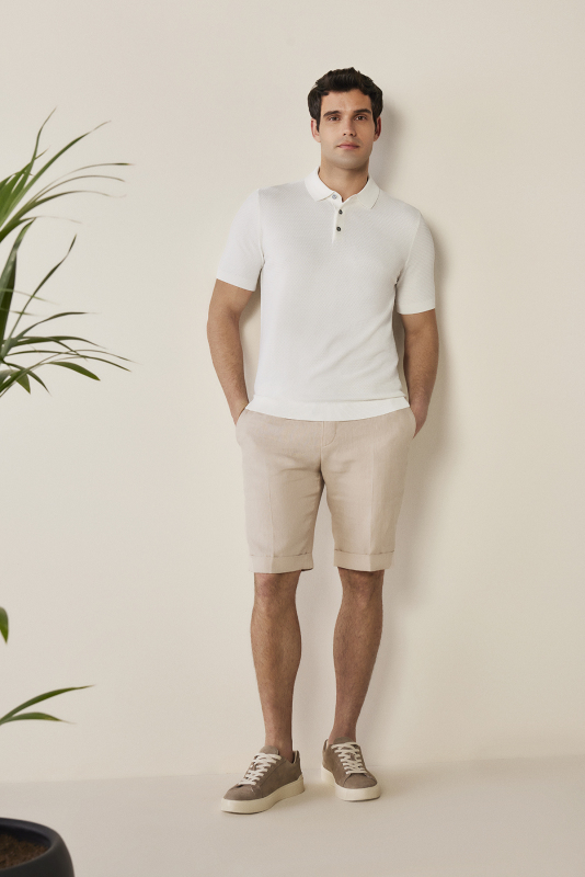 Polo Yaka Kısa Kol Dokulu Ekru Triko - SARAR