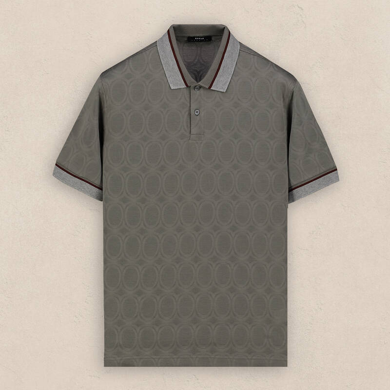 Polo Yaka Desenli Pamuklu Bej Tişört - 1