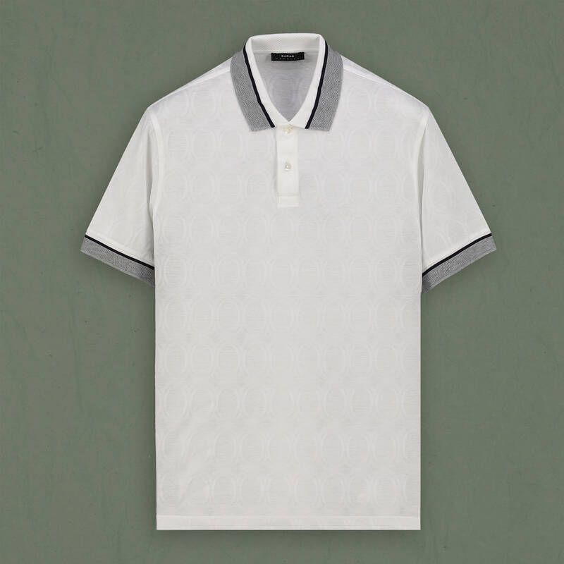 Polo Yaka Desenli Pamuklu Beyaz Tişört - 1