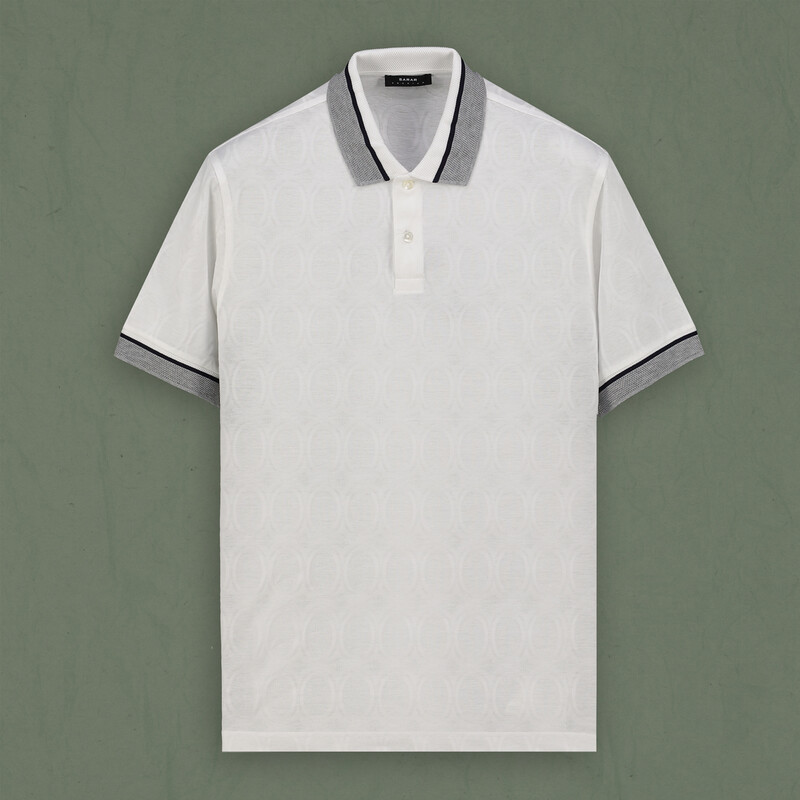 Polo Yaka Desenli Pamuklu Beyaz Tişört - SARAR PREMIUM