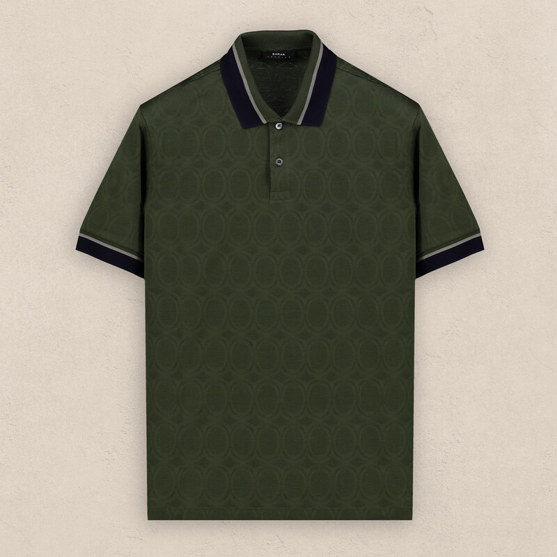 Polo Yaka Desenli Pamuklu Haki Tişört - SARAR PREMIUM