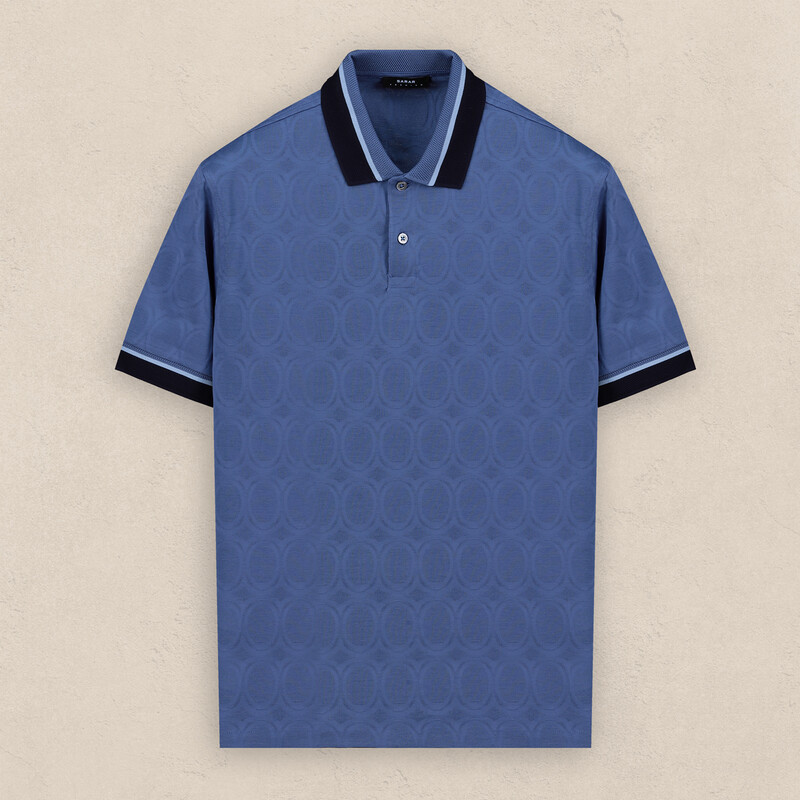 Polo Yaka Desenli Pamuklu Mavi Tişört - SARAR PREMIUM