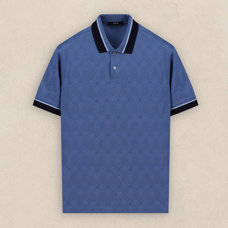 Polo Yaka Desenli Pamuklu Mavi Tişört - 1