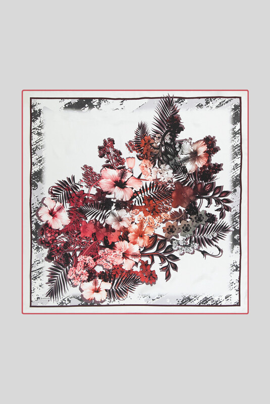 Sura Desenli Çiçekli Kırmızı İpek Eşarp - SARAR