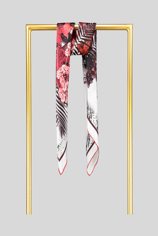 Sura Desenli Çiçekli Kırmızı İpek Eşarp - SARAR