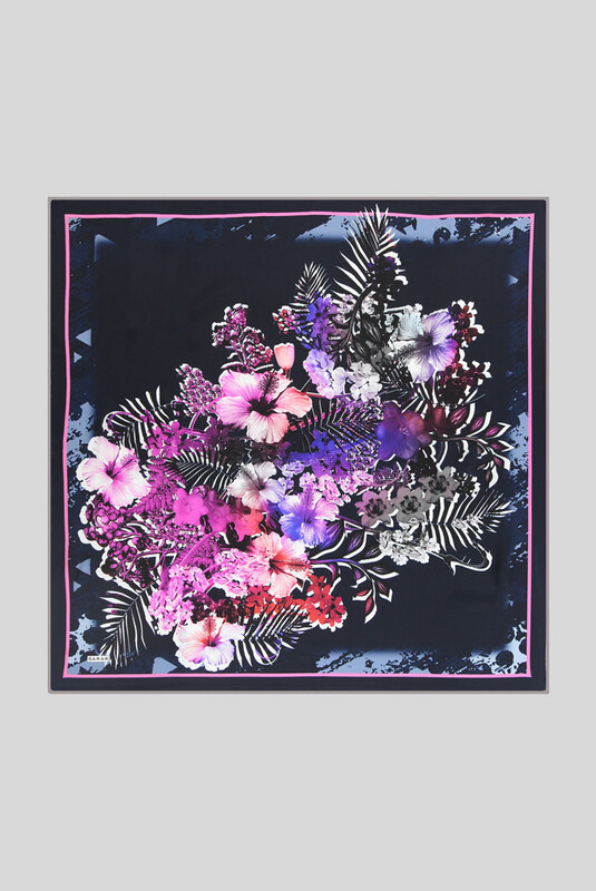 Sura Desenli Çiçekli Lacivert İpek Eşarp - SARAR