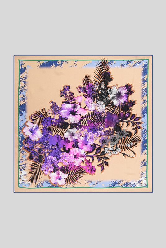 Sura Desenli Çiçekli Somon Rengi İpek Eşarp - SARAR