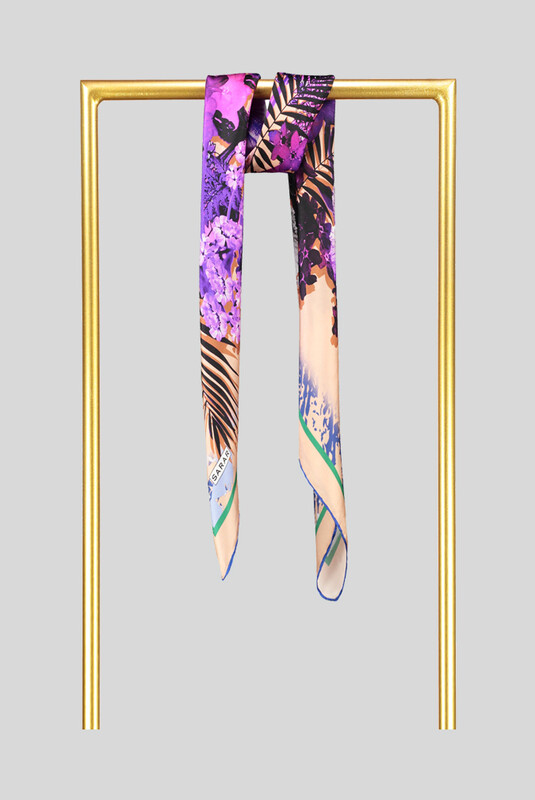 Sura Desenli Çiçekli Somon Rengi İpek Eşarp - SARAR