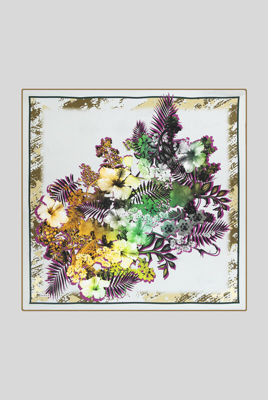 Sura Desenli Çiçekli Taş Rengi İpek Eşarp - SARAR