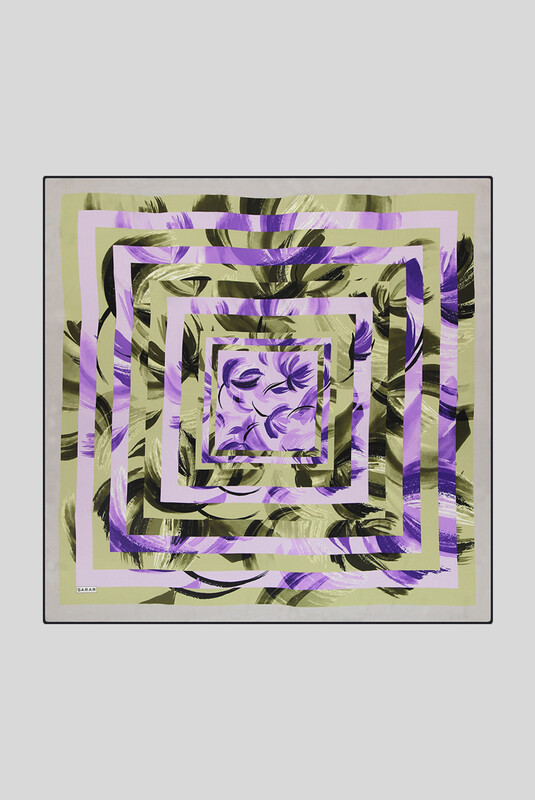 Sura Lila Geometrik Desenli İpek Eşarp - SARAR