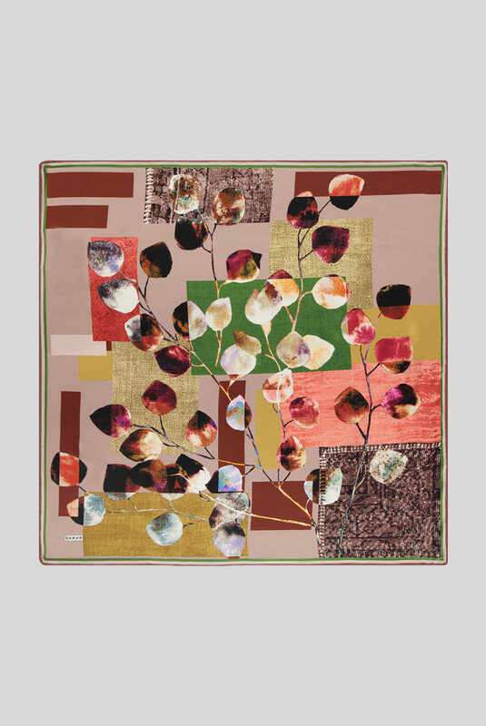 Sura Koyu Pudra Desenli İpek Eşarp - SARAR