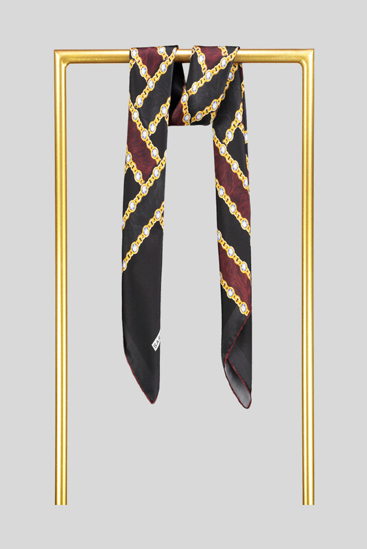 Sura Zincir Desenli Bordo İpek Eşarp - SARAR