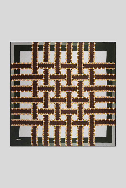 Sura Zincir Desenli Haki İpek Eşarp - SARAR