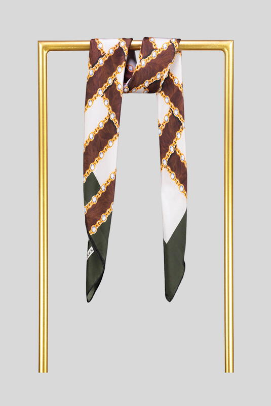 Sura Zincir Desenli Haki İpek Eşarp - SARAR
