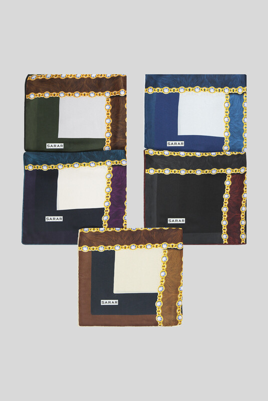 Sura Zincir Desenli Haki İpek Eşarp - SARAR