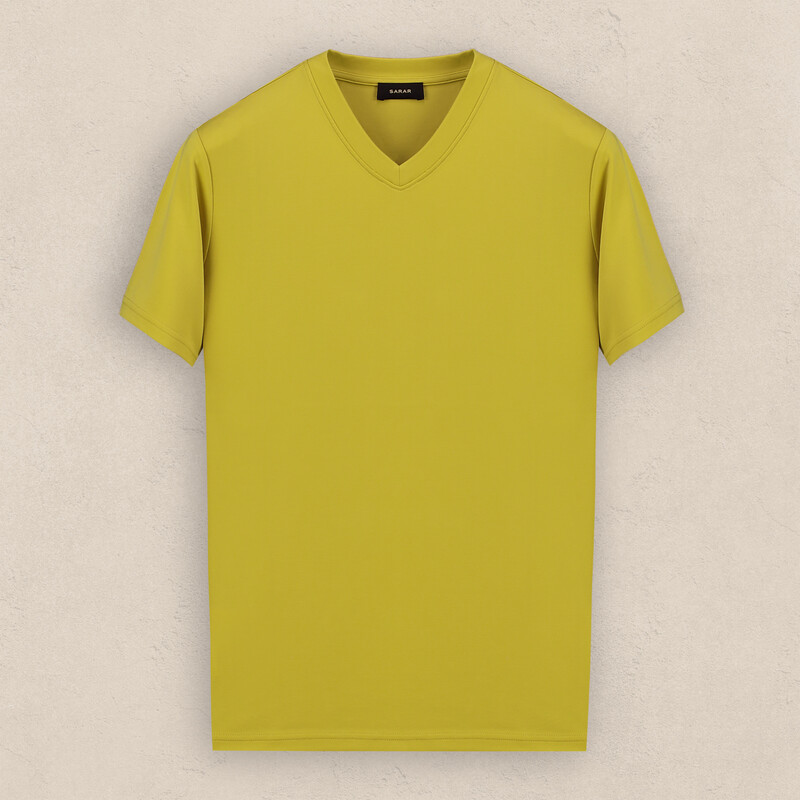 V Yaka Hardal Tişört 