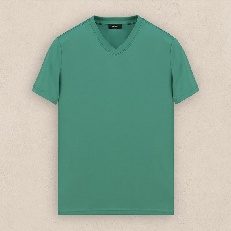 V Yaka Yeşil Tişört - SARAR