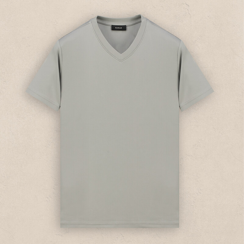 V Yaka Gri Tişört 