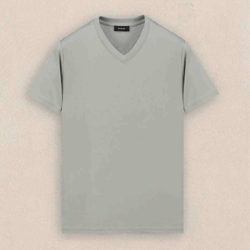 V Yaka Gri Tişört - 1
