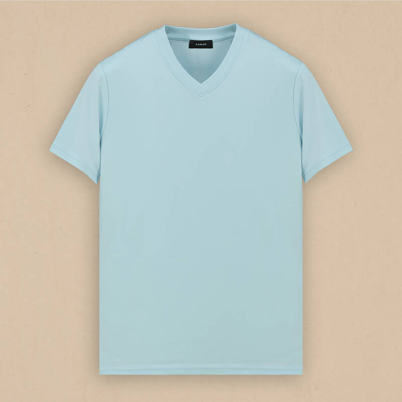 V Yaka Mavi Tişört - 1