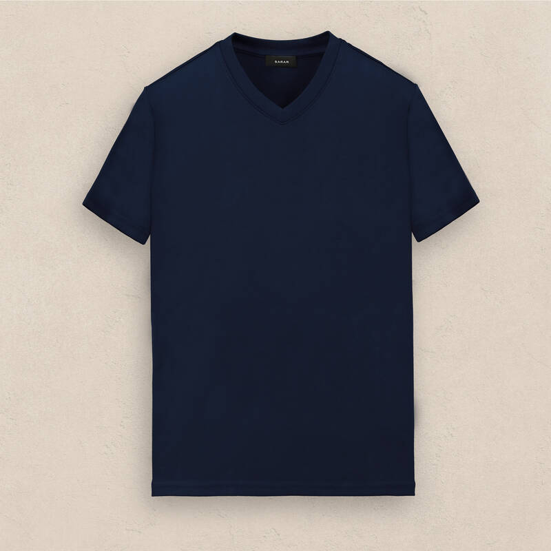 V Yaka Lacivert Tişört - 1