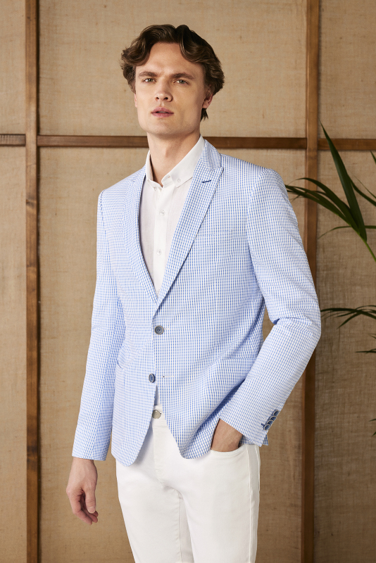 Ted Slim Fit Kareli Açık Mavi Ceket 