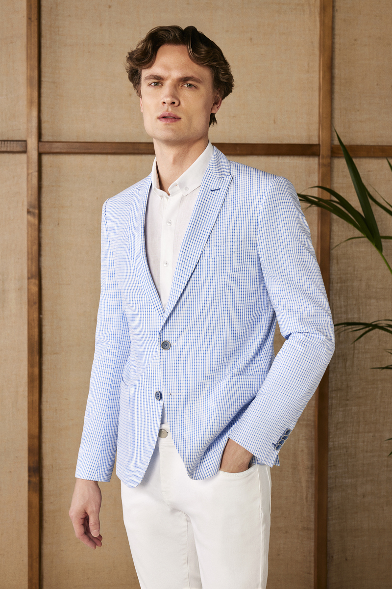 Ted Slim Fit Kareli Açık Mavi Ceket - 1