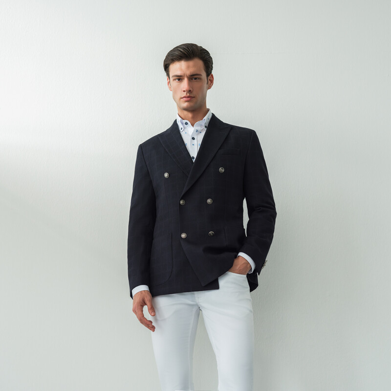 Thita Slim Fit Koyu Lacivert Kareli Ceket 