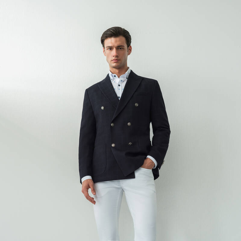 Thita Slim Fit Koyu Lacivert Kareli Ceket - 1