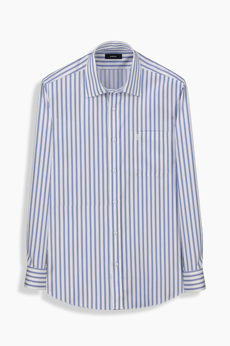 Tiger Çizgili Cepli Pamuklu Mavi Gömlek - 1