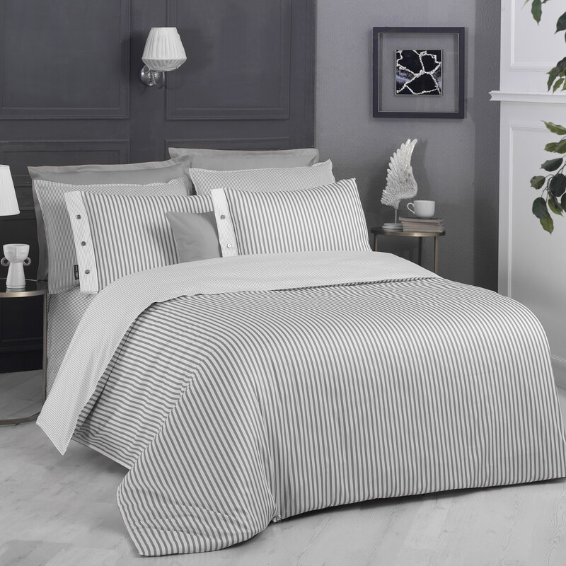 Tommy Saten Çift Kişilik Çizgili Gri Nevresim Takımı 