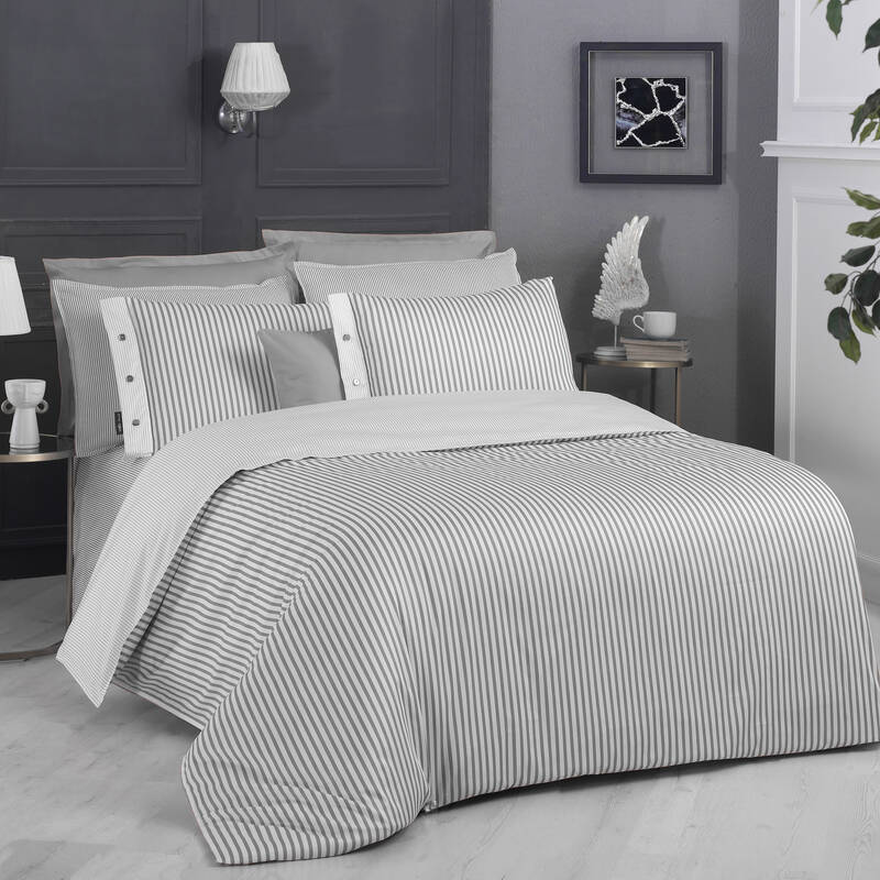 Tommy Saten Çift Kişilik Çizgili Gri Nevresim Takımı - 1