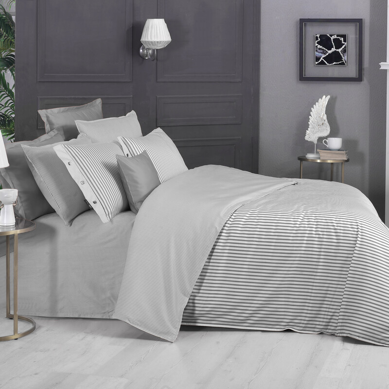 Tommy Saten Çift Kişilik Çizgili Gri Nevresim Takımı - SAREV