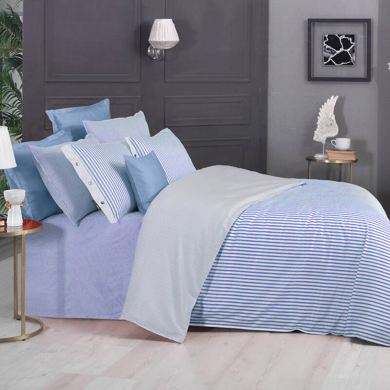Tommy Saten Çift Kişilik Çizgili Mavi Nevresim Takımı - 2