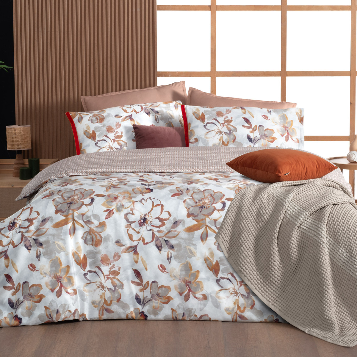 Uliana Saten Çift Kişilik Nevresim Takımı Somon - 1