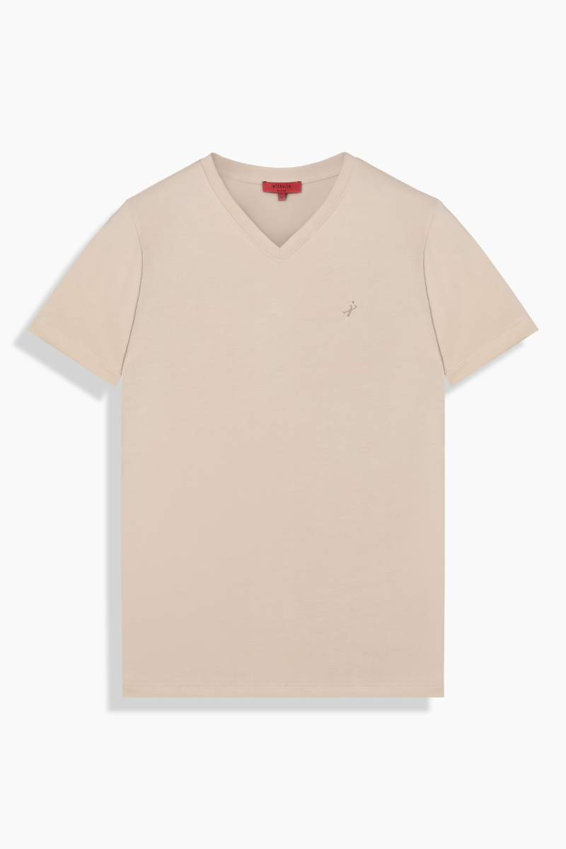 V Yaka Casual Bej Tişört - 1