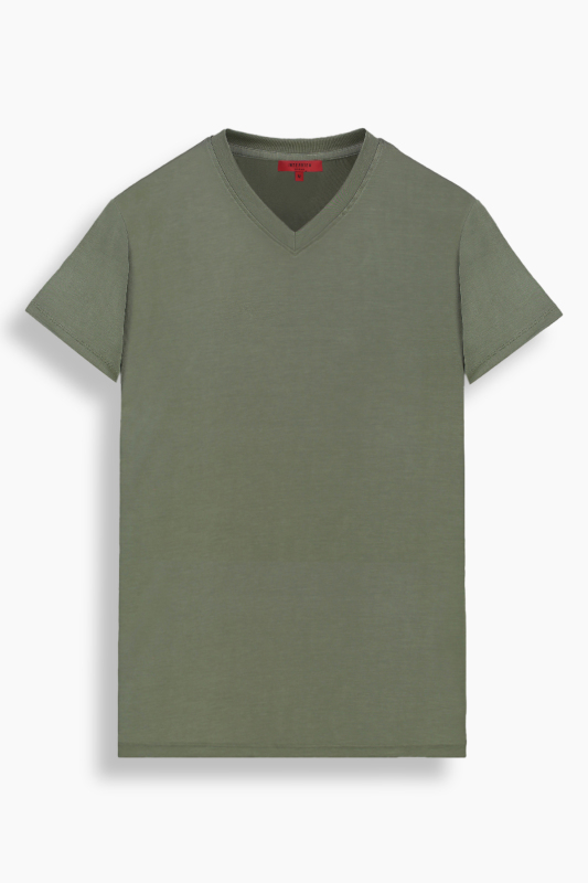 V Yaka Casual Haki Tişört - INTERVIEW