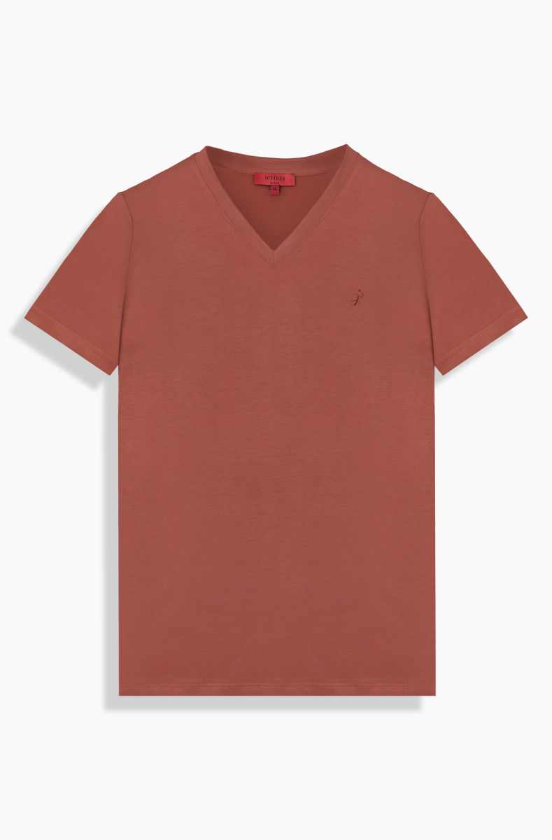 V Yaka Casual Kiremit Tişört - 1