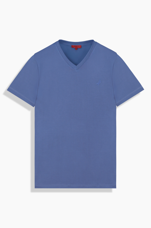 V Yaka Casual Koyu Mavi Tişört 