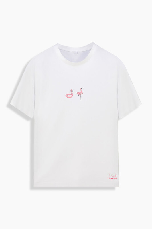 Vitus Flamingo Desenli Beyaz Tişört - SARAR